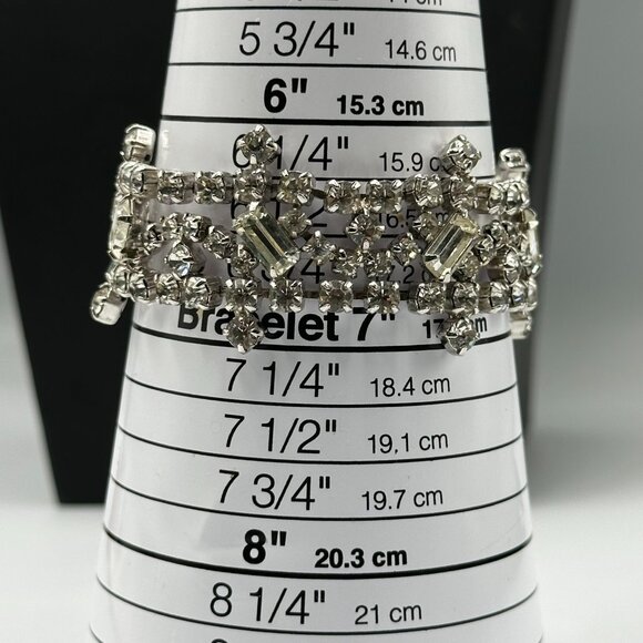 Vintage Rhinestone Bracelet Silver Tone Sparkling Crystal Statement Wide 7 Inch - Picture 10 of 11